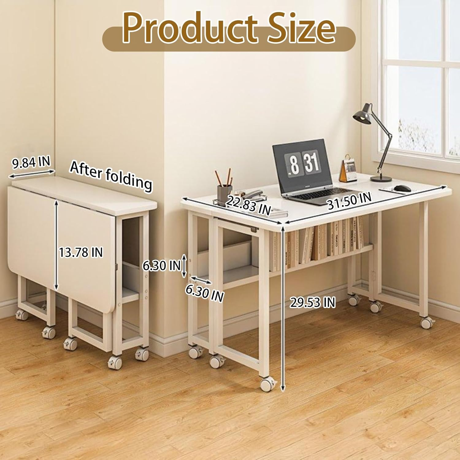 Eqiech Folding Table,Writing Computer Desk Small Foldable Desk Space Saving Computer Table with Bookshelf & Wheels Study Office Desk Foldable Table for Home Office ，Easy Assembly（White）