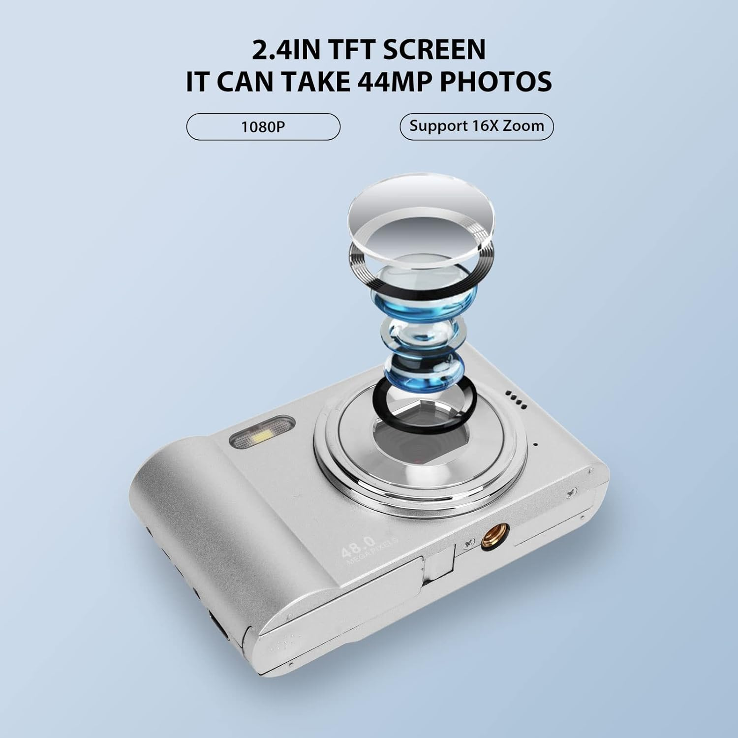 Digital Camera, 1080P 16X Zoom Selfie Camera 44MP Vlogging Camera, Support 128GB, Portable Rechargeable Camera for Students Teens Adults Girls Boys image number 5