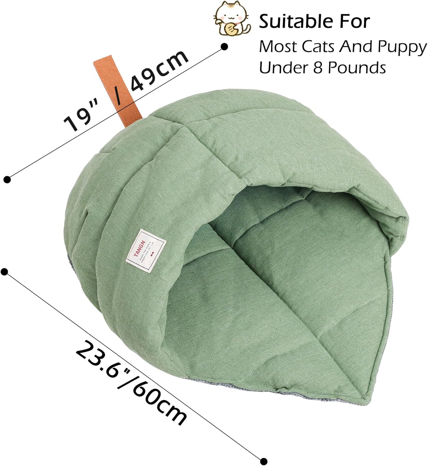 TANGN Cat Sleeping Bag, Linen Fabric Bed Cave Leaf Nest Pet Cuddle Zone Covered Hide Hood Burrowing Cozy Soft Durable Washable with Non-Slip Bottom for Indoor Puppy and Kitten (Green), PD50082