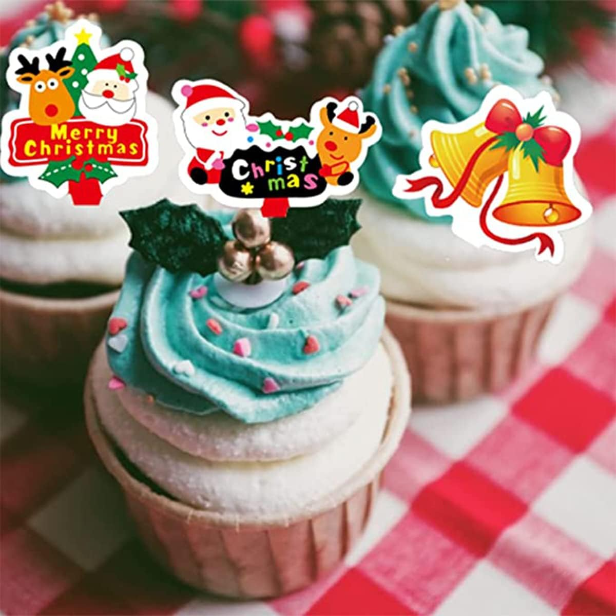 50/500 Pieces Christmas Cupcake Toppers, Cute Cake Decorations, Snowman Santa Claus Reindeer Elf Bells Cake Toppers Picks for Christmas Cake Decor Party Holiday Supplies Favors (500 Pieces) image number 5