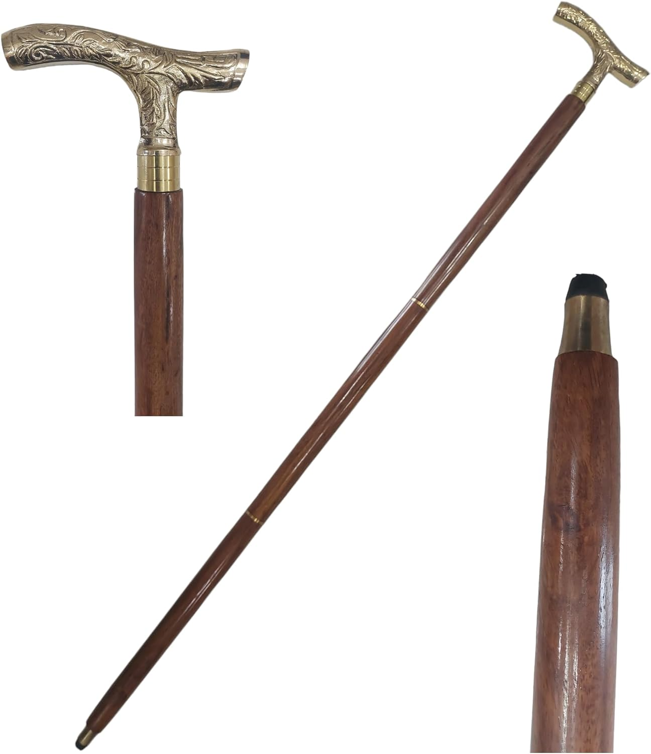 Dolchi Antique Derby Cane - 37" Brown Ebony Wooden Walking Stick - Unisex with Golden T-Shaped Handle - Ideal for Christmas image number 3