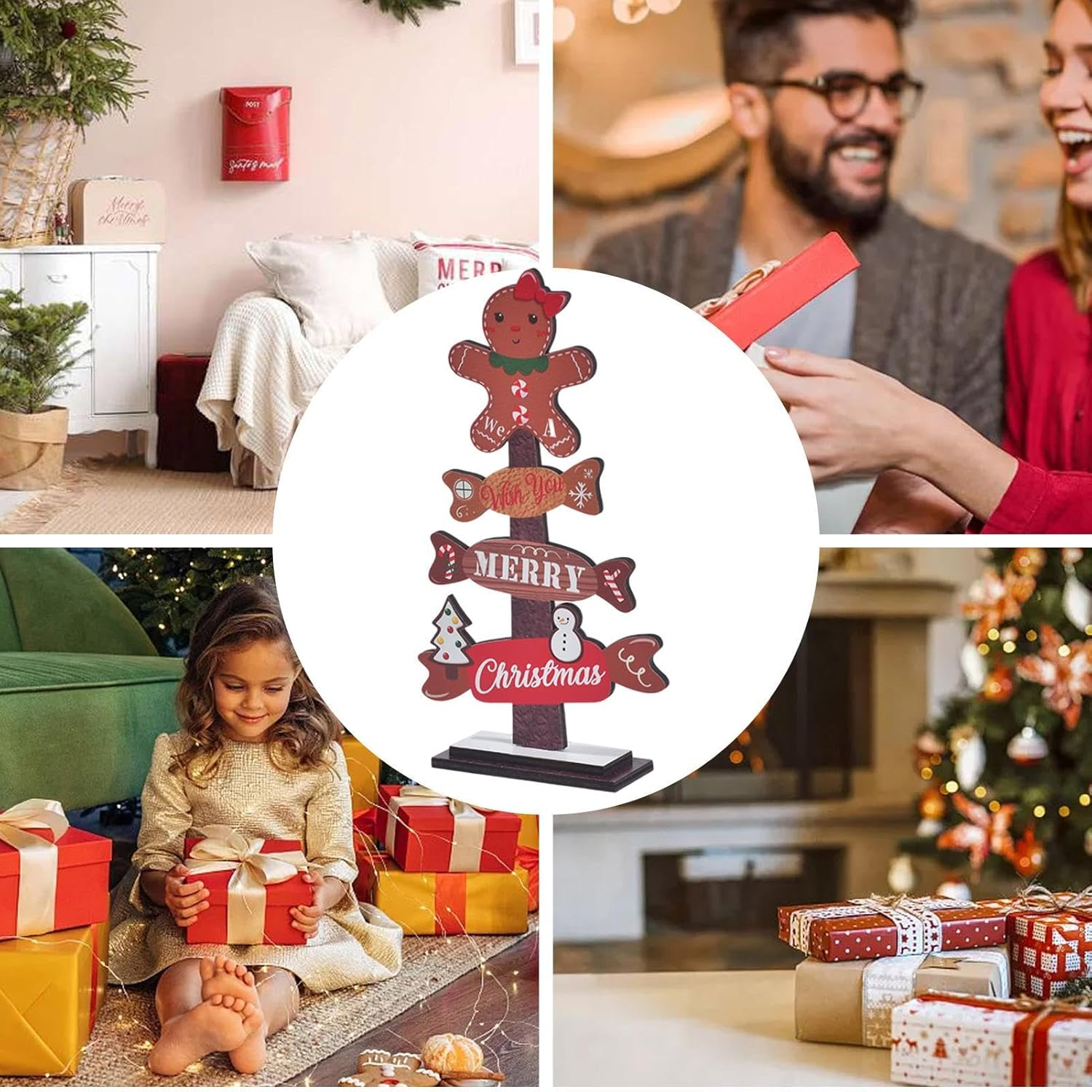 Wood Christmas Trees,Small Table Top Christmas Tree with Gingerbread Man Topper - Holiday Ornament Christmas Tiered Tray Decor Decorative Sign for Shopping Window Desk Shelf