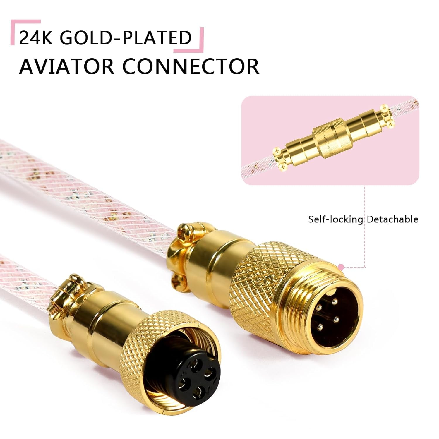 ATTACK SHARK Custom Coiled USB C to a Cable for Gaming Keyboard,Double-Sleeved Starlight Braided Cable with Detachable Metal Aviator 24K Gold Connector 1.7M-2.2M for Phone/Ps4/Android/Xbox-(Pink) - Gray image number 5