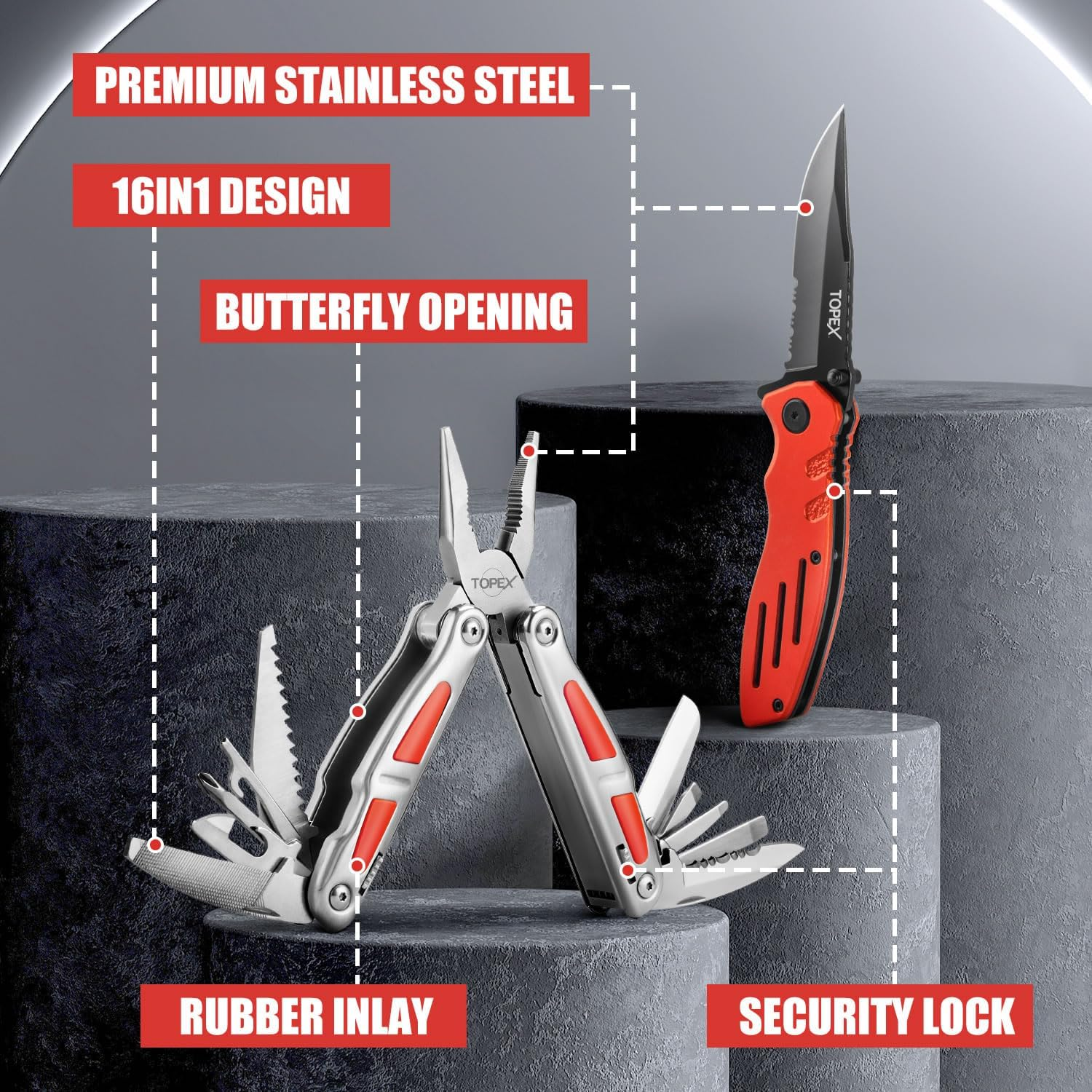 TOPEX 16-In-1 Multitool Pliers & Knife Set Professional Stainless Steel Multi-Function Tool with Safety Locking Folding Knife Pocket Knife for Camping Hiking Survival Fishing image number 6
