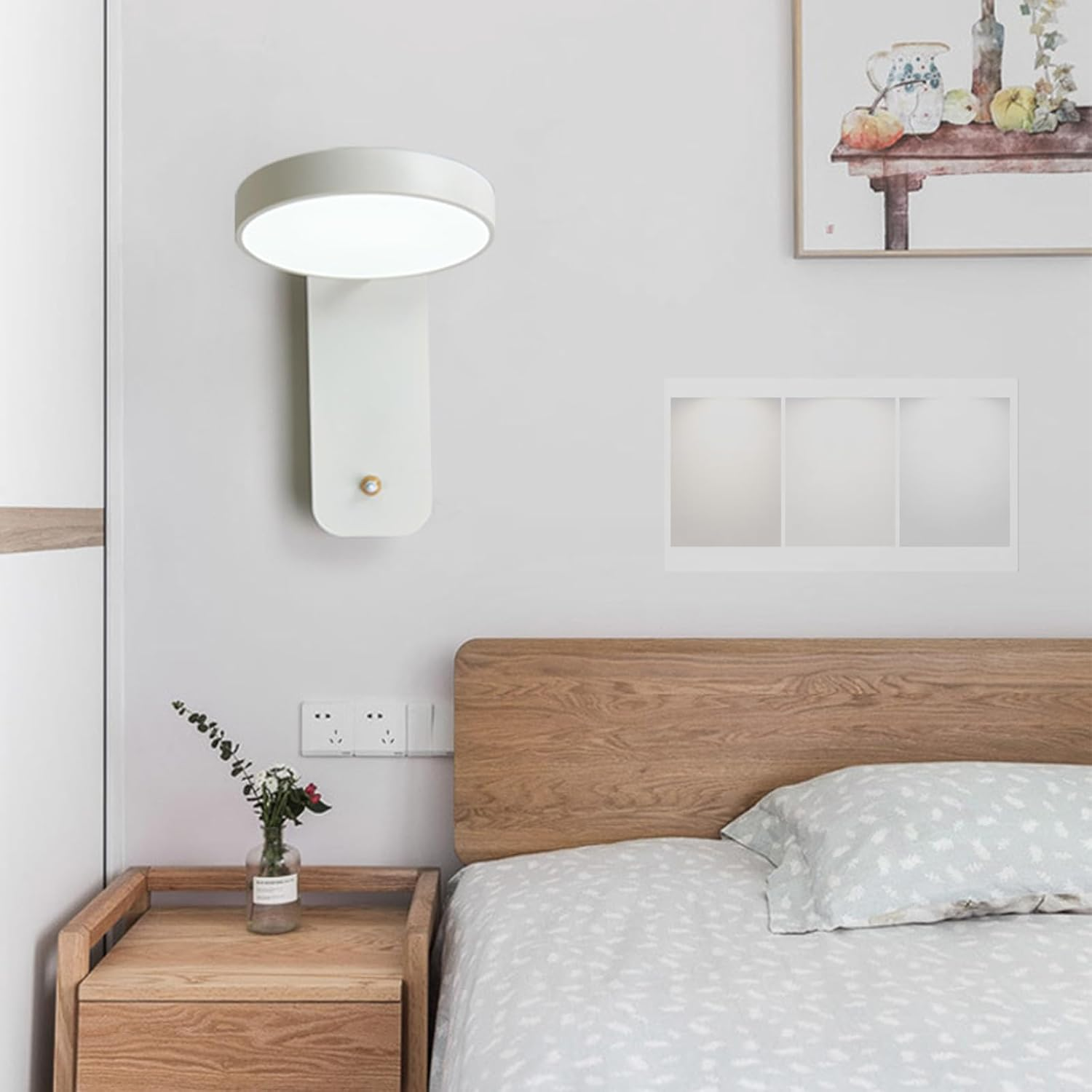 LED Indoor Wall Sconces with Switch Tri-Color Dimmable Wall Lamp 180&deg; Rotatable Wall Light Modern Metal Wood Reading Lighting for Bedroom Bedside Living Room 3000K/4000K/6500K (White) XXZ