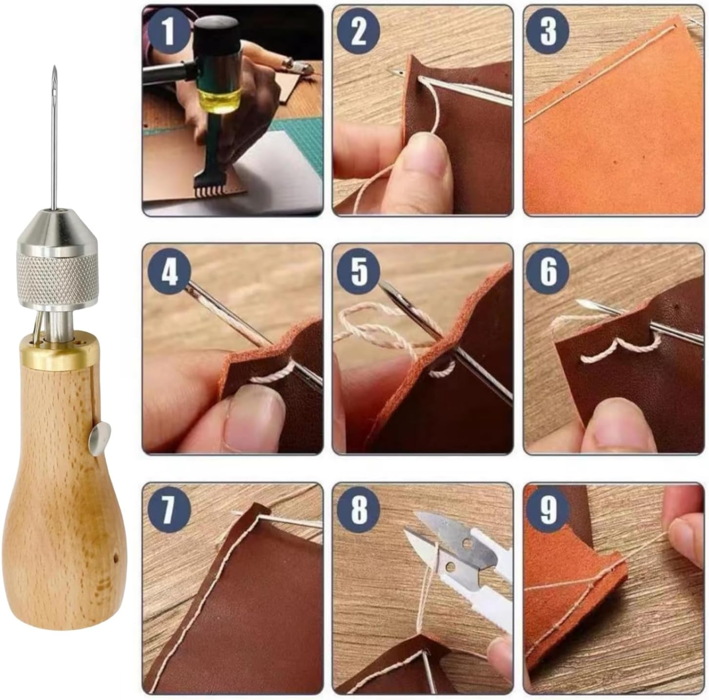 Zjkai Professional Speedy Sewing Awl Hand Stitcher DIY Repair Tool Kit for Leather and Heavy Fabrics Canvas and More with 1Pcs Coil,2Pcs Needles and 2X30 Meter Sewing Waxed Thread image number 6