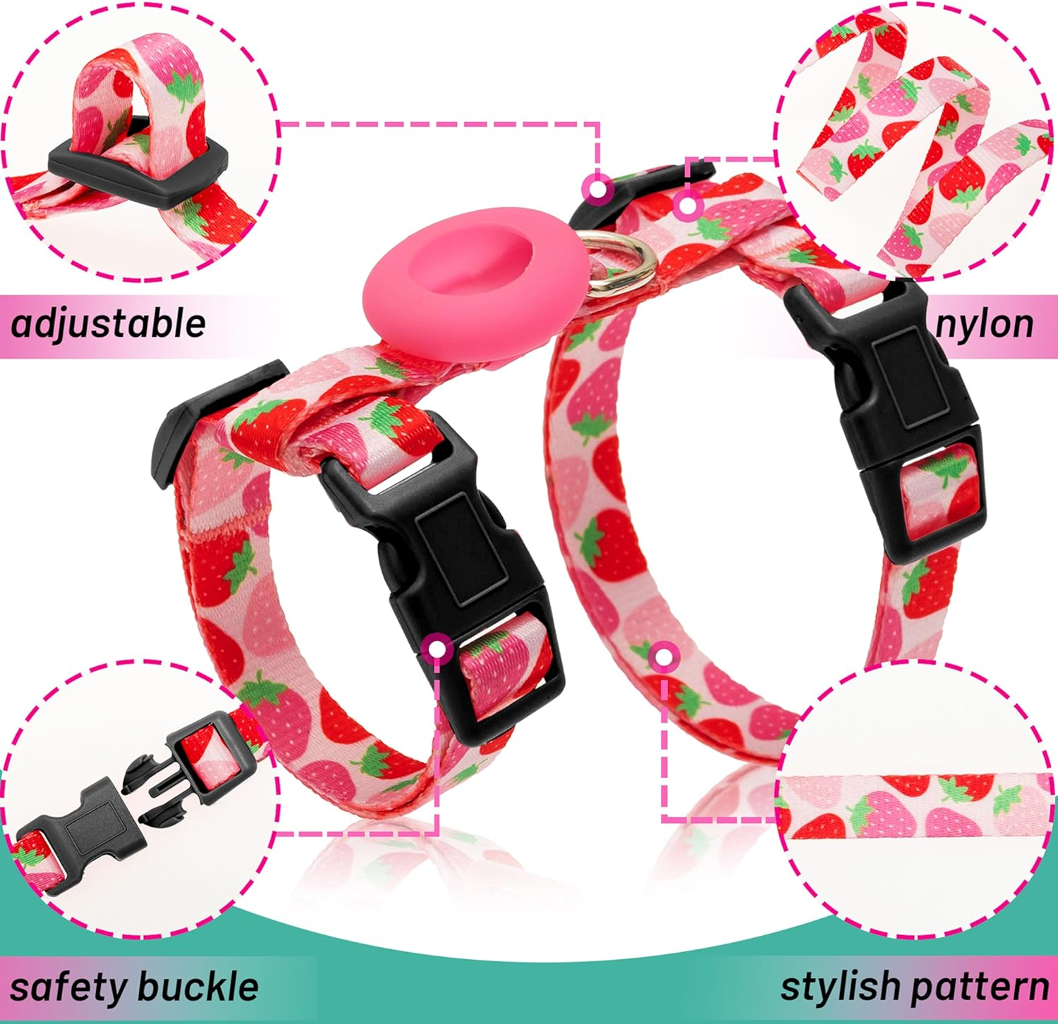 Cat Harness and Leash Escape Proof for Walking Travel Outdoor - Cute Strawberry Nylon Adjustable Cute Cat Harness Leash Set with Airtag Holder for Small Large Cats - Pink image number 3
