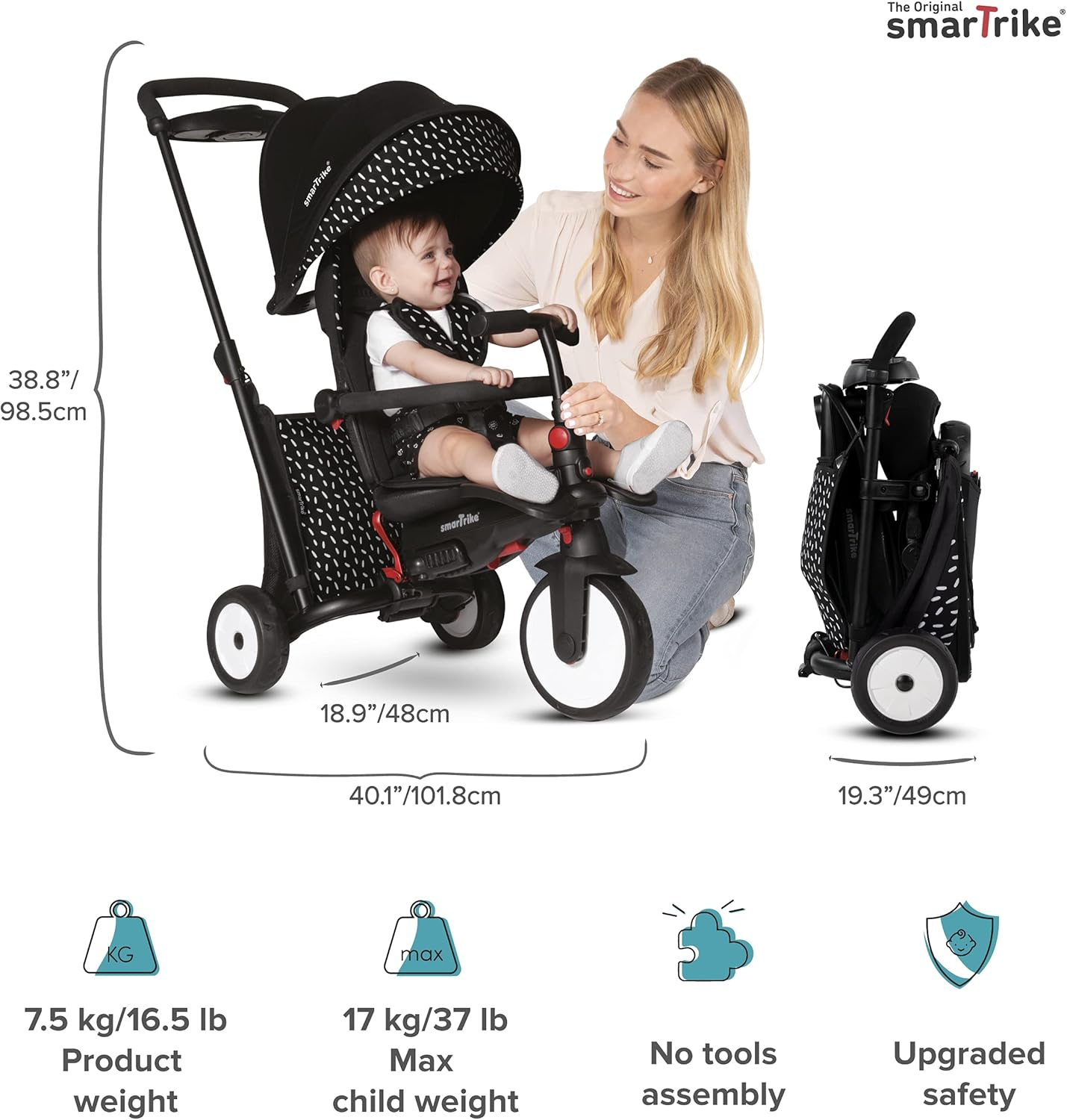 Smartrike STR5 6-In-1 Folding Baby Tricycle, Black & White