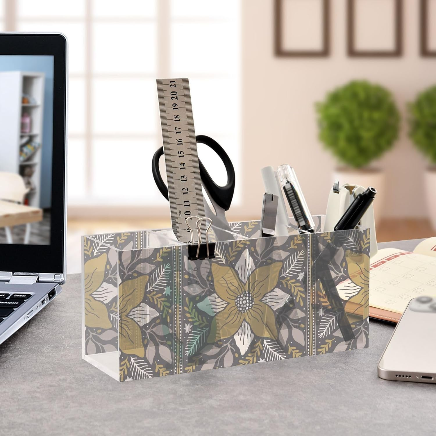 Guoche Acrylic Pen Cup Holder for Desk Merry Christmas Retro Brown Flowers 4 Compartments Clear Plastic Brush Holder for Vanity for Bedroom Accessory Art Supply Storage Organizer image number 3