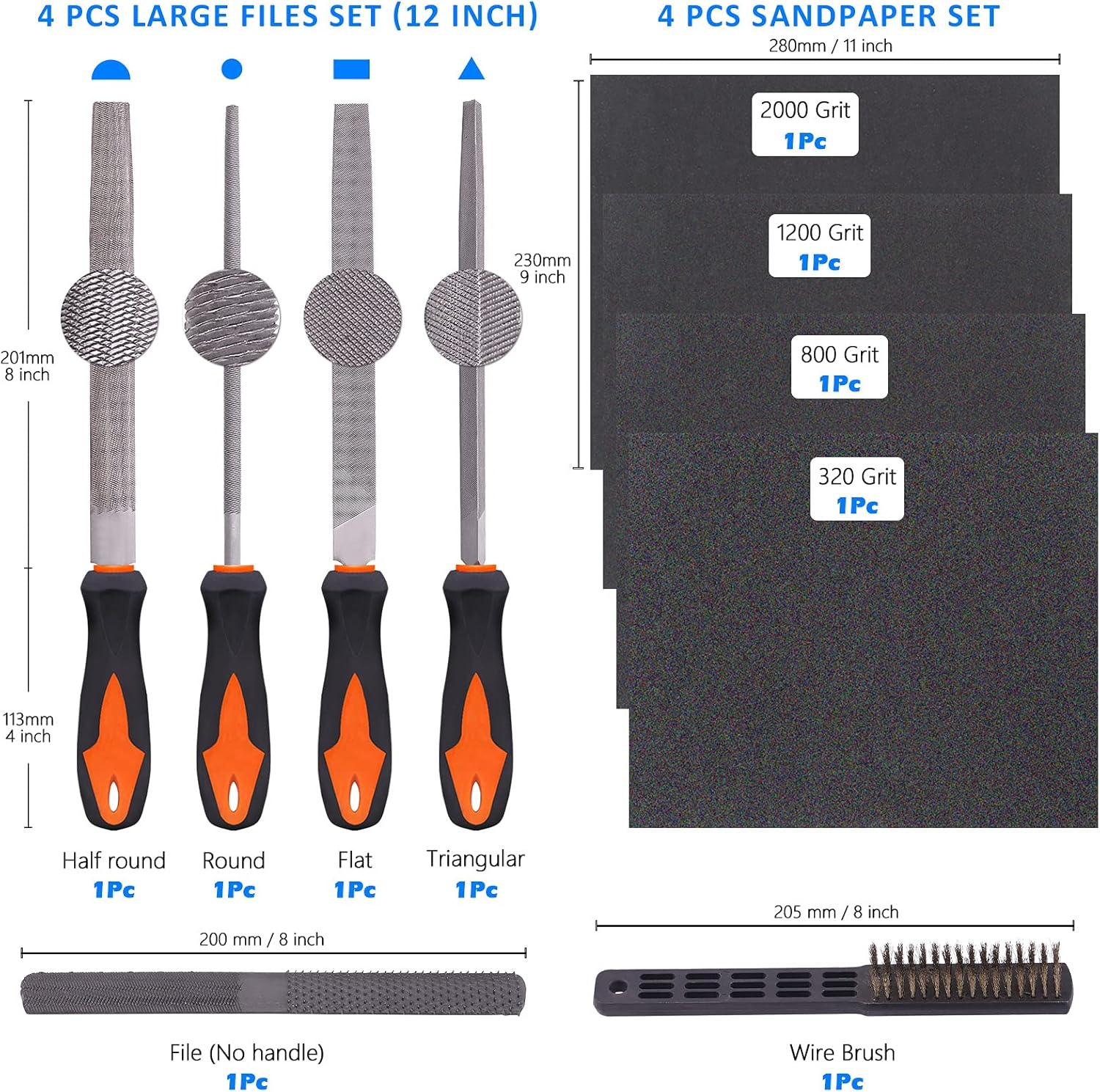 Glarks 25Pcs Hand Metal File Set Include 4Pcs Flat/Triangle/Half-Round/Round Large File, 12Pcs Needle Files, 1 Brush, 4Pcs Sandpaper and 4 Way Wood Rasp File for Shaping Metal, Wood, and Tools image number 2