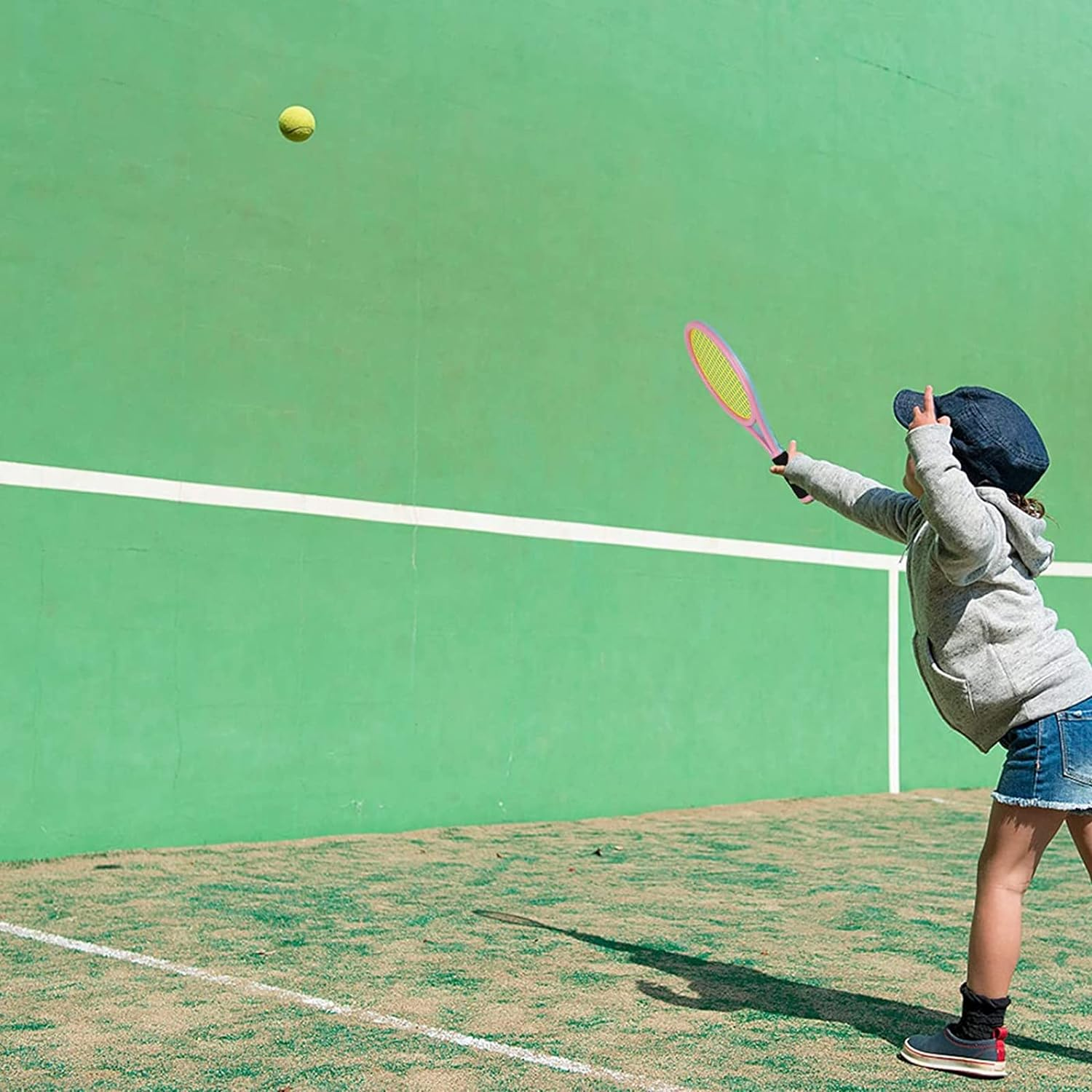 Kids Tennis Racket Set with Ball,16 Inch Plastic Tennis Racket with 4 Tennis Balls and 4 Shuttlecocks for Kid, Beach Kindergarten Baby Parent Child Interactive Toys, Toddler Outdoor/Indoor Sport(Pink) image number 3