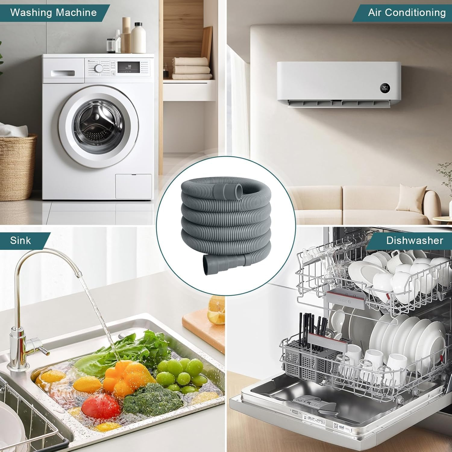 Xinghonyac Washing Machine Drain Hose Extension Kit, 6.56Ft/2M Flexible Dishwasher Drain Hose, Corrugated Washer Discharge Hose with 1 Adapter 1 U-Bend Holder 2 Hose Clamps