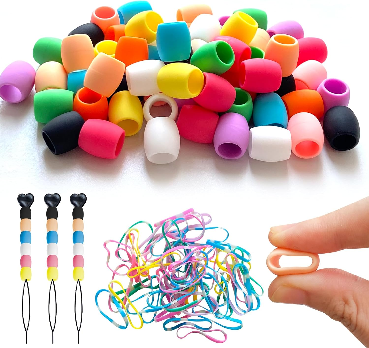 Jongdari 60Pcs Silicone Hair Beads for Kids Girls, Colorful Rainbow Large Soft Rubber Pony Beads Kit - 60Pcs, 10 Colors