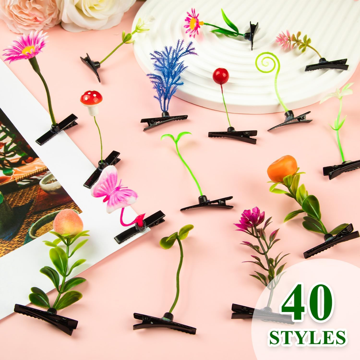 50 Pcs Sprout Clips Random Mixed Style Plant Hairpins Little Grass Sprout Hair Clips Butterfly Mushroom Hair Accessories Present for Women Girls Kids Party School image number 4