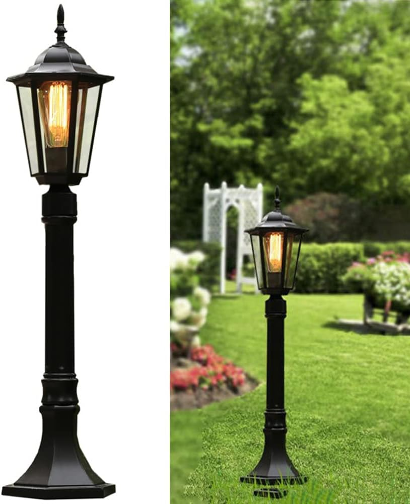 Retro Outdoor Post Light, 80Cm Garden Lamp, Black Metal with Glass Panels, E27 Base (B) image number 5