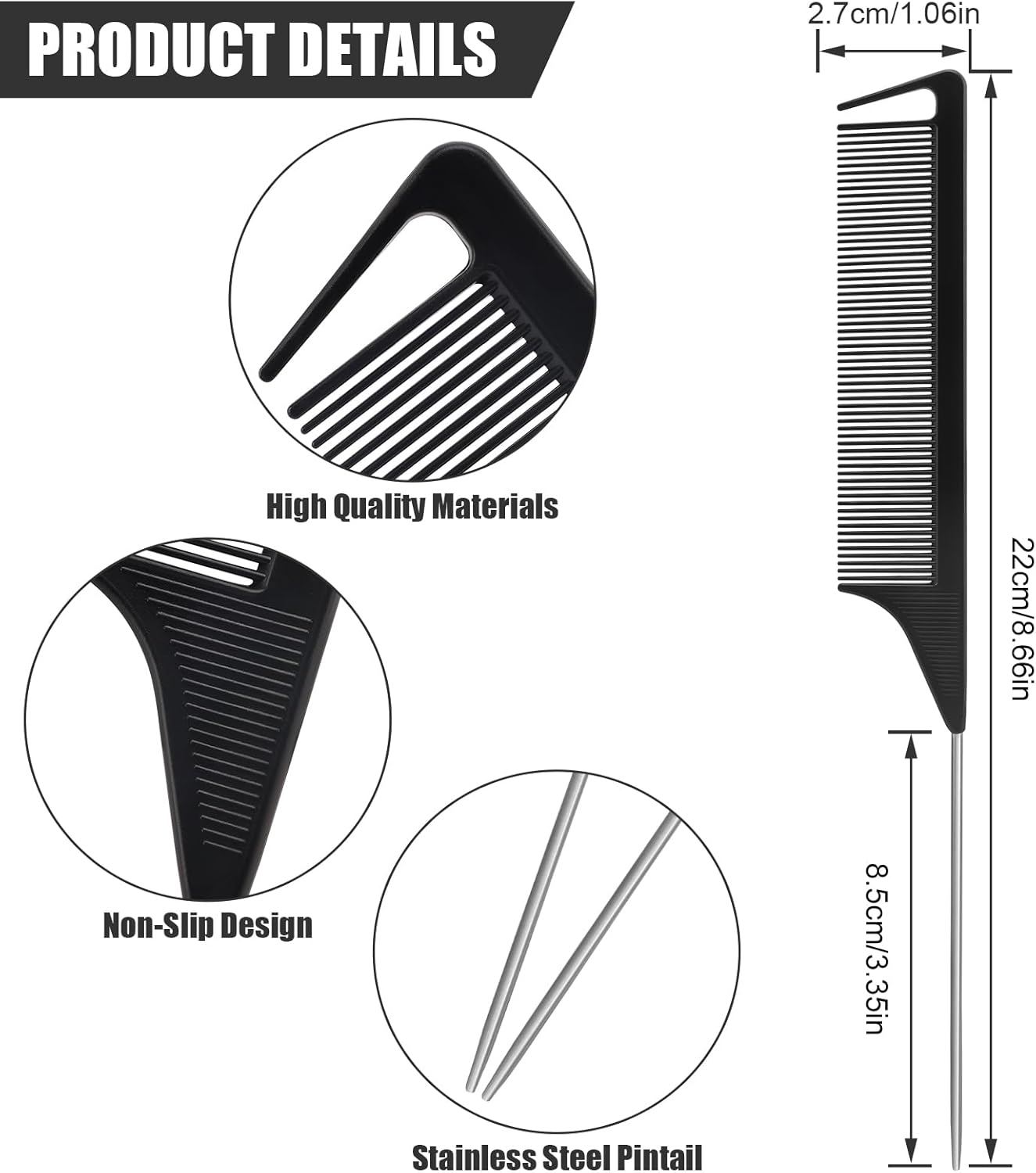 NICEMOVIC 36 Pcs Parting Comb, Rat Tail Combs for Women Girls, Rattail Comb with Stainless Steel Pintail, anti Static and Heat Resistant Teasing Combs for Braiding Hair Styling (Black) image number 5