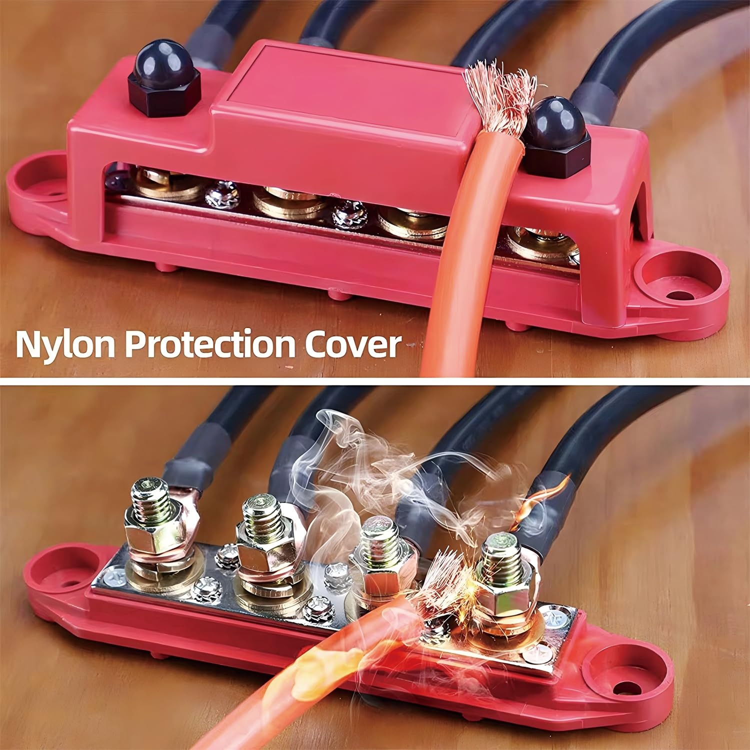 Bus Bar 250A 12V - 24V Power Distribution Block with 5/16" (M8) 4-Posts Terminals Block with Cover for Automotive, Marine, Battery System (Black & Red)