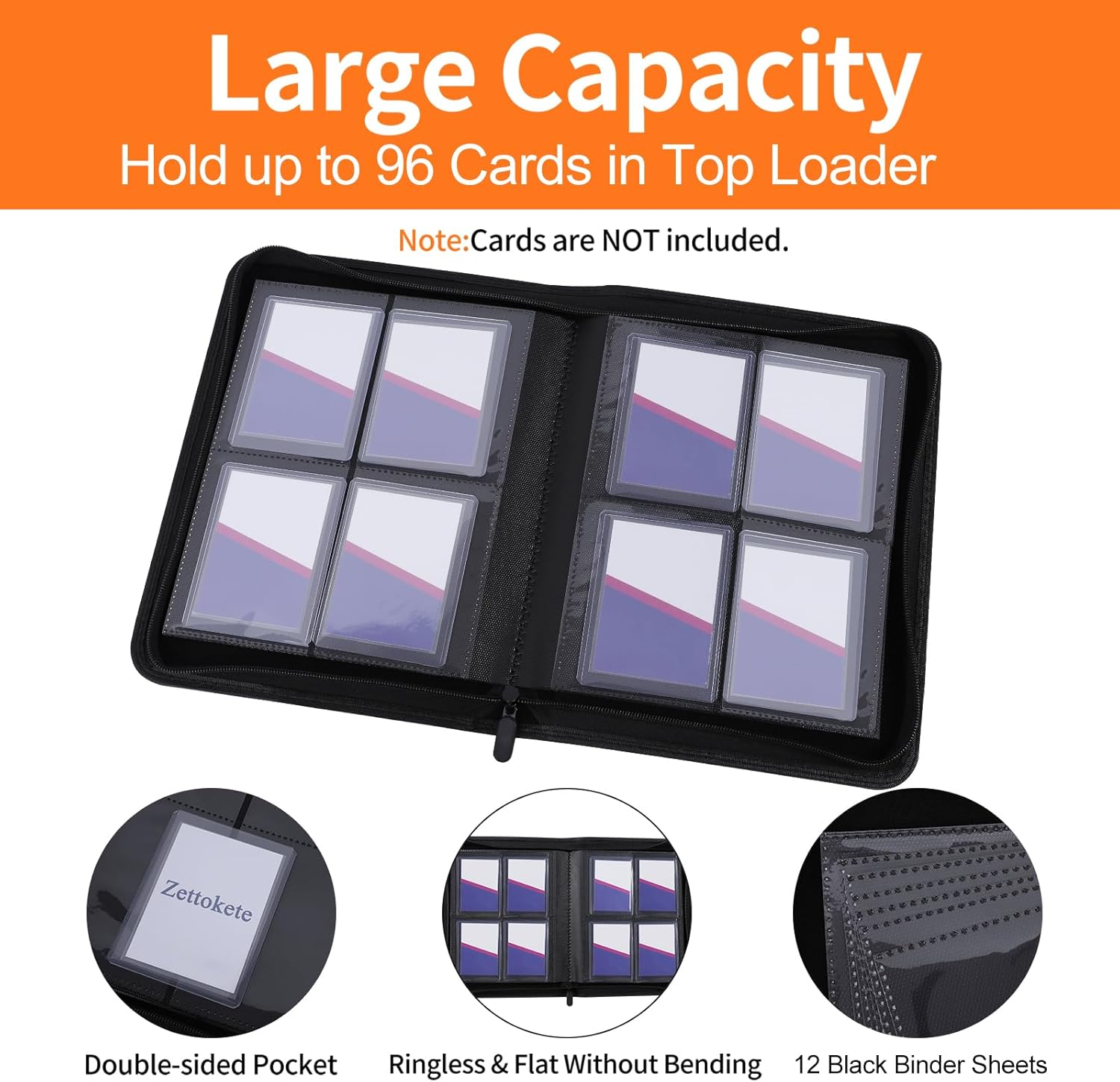 Zettokete Top Loader Binder 4 Pocket Holds 96 Cards, Toploader Binder Fit for 3" X 4" Top Loader, Trading Card Holder Album Fit for MTG, Yugioh, TCG, Sports Cards, 10 Toploaders Included, Black image number 4
