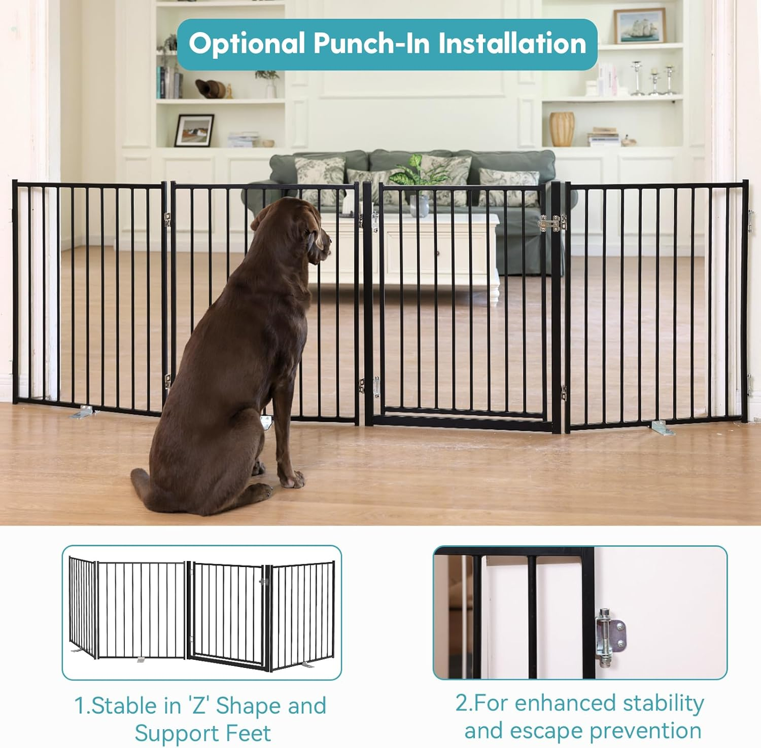 No Pawblems Free Standing Dog Gate with Door, 30'' Tall Foldable Dog Fence for Indoor & Outdoor, up to 104 Inch Extra Wide Puppy Gate for Stairs, Hallways, Doorways, Deck, Yard (Black, 4 Panels) - White image number 4