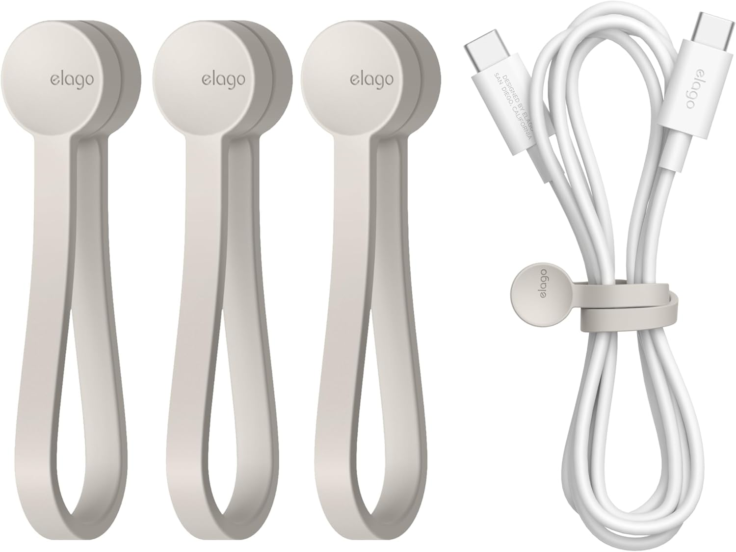 Elago Reusable Magnetic Cable Ties, Premium Silicone, Multipurpose Cord Organiser for Home, Kitchen, Office, Travel [3 Pack] (Stone) image number 1