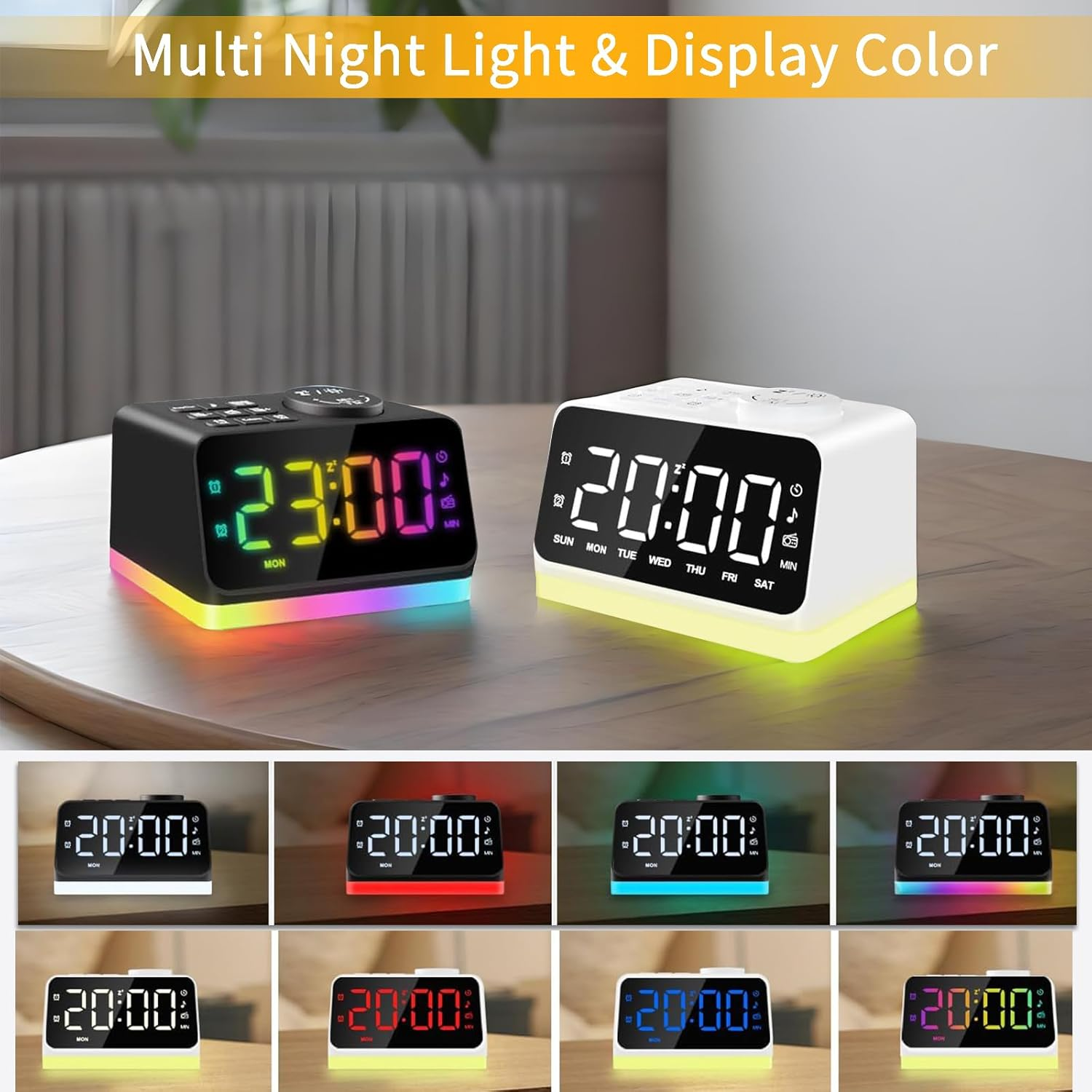 Digital Alarm Clock for Bedroom, 8 Colors Night Light with 2 Charging Port, Sleep Sound Machines with Timer, Dual Alarm, 12/24H, Loud Alarm，Fm Radio and Easy to Use for Seniors and Kids as Gift image number 2