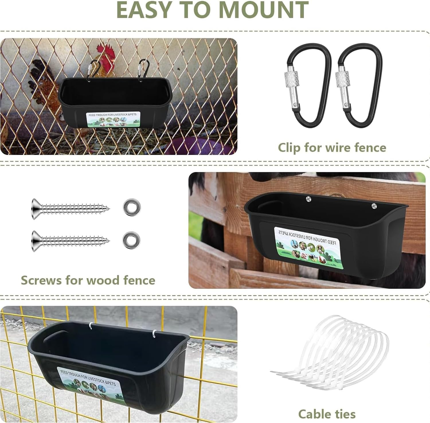 Lxcshljx 3Pcs Chicken Feeder Troughs, Goat Feed Trough, Hanging Fence Feed Trough with Clips Screws, Poultry Feeder Water Troughs, Versatile Feeding Container Supplies for Livestock Duck Sheep Goose image number 6