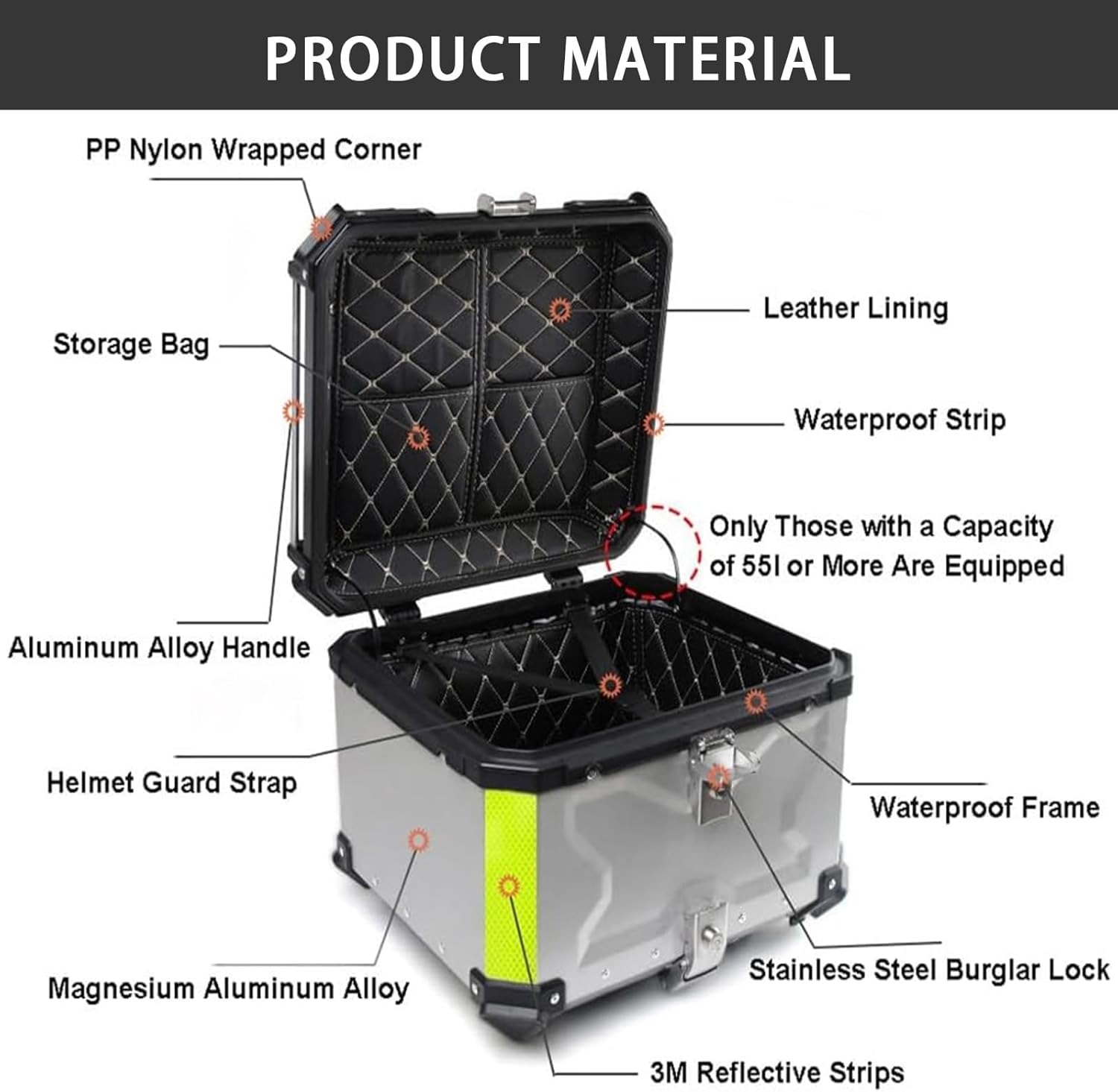 Motorcycle Top Box, Aluminum Motorcycle Travel Tail Box with Security Lock for Scooters, Bicycles 45L (45L Sliver) image number 4