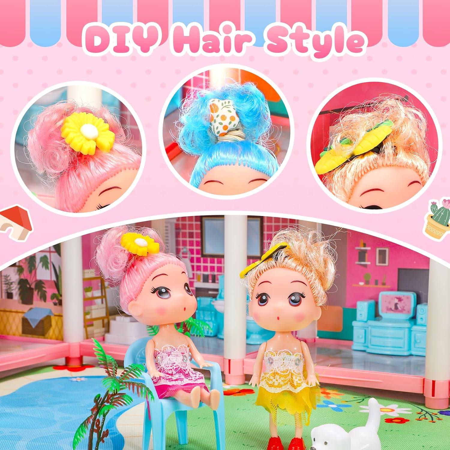 Doll House, 4-Story 11 Rooms Pool Party Dollhouse, Princess House Playset with Furniture, Pink Toddler Play-House Toy for 3 4 5 6 7 8 9 10+ Year Old Girls