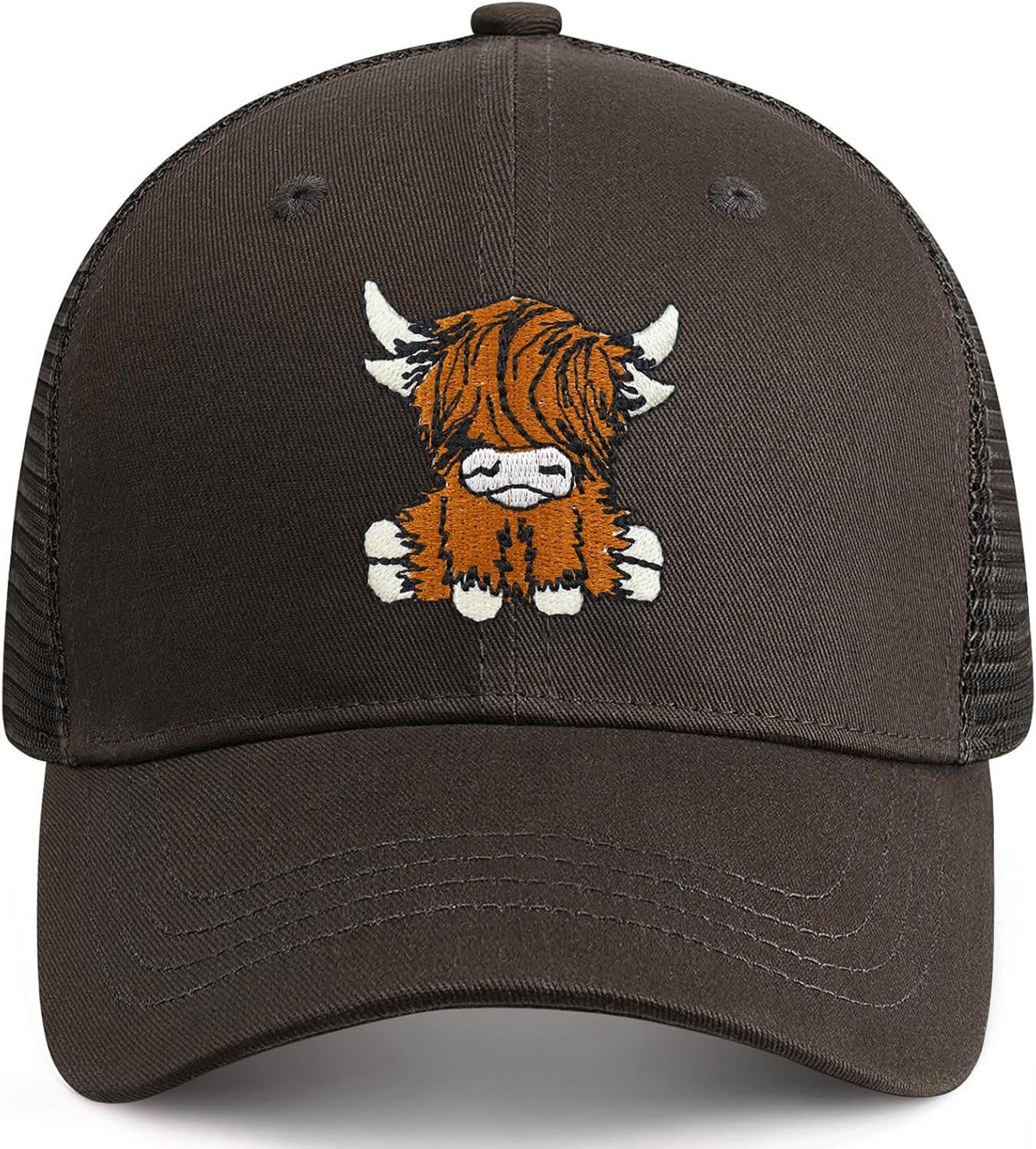 Gswirmchsq Scottish Highland Cow Hat, Cute Embroidery Mesh Baseball Cap Trucker Hats Highland Cow Gifts for Women Men