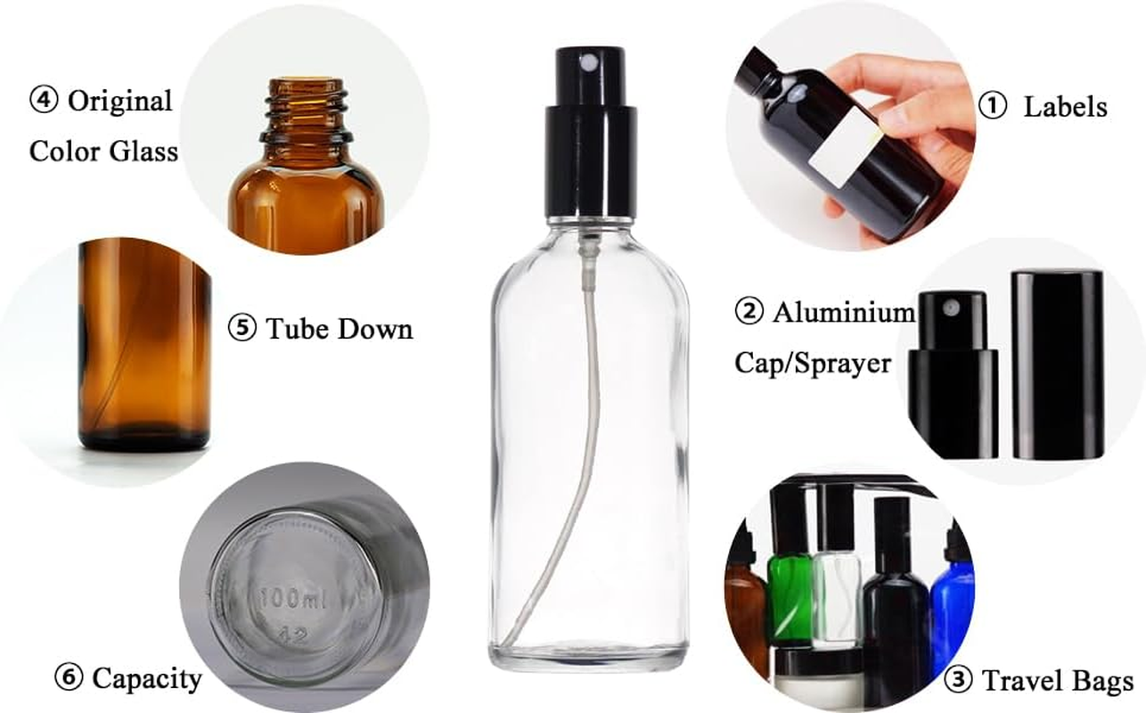 YIZHAO Transparent Spray Bottle 100 Ml, Small Glass Spray Bottle with Atomiser for Essential Oils, Cosmetics, Perfume, Cleaning, Travel Bottle, Pharmacist, Set - 9 Pieces image number 3