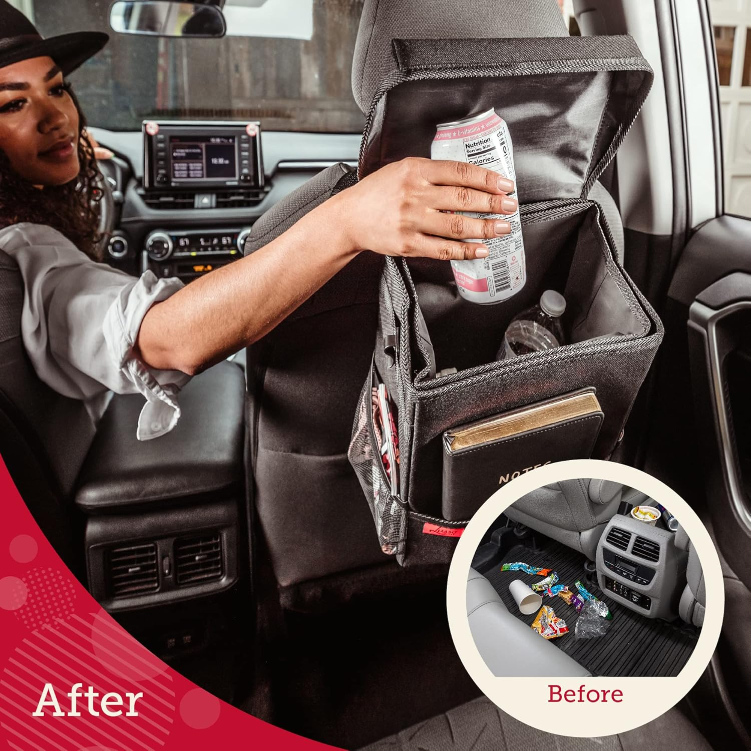 Lusso Gear Car Trash Can with Lid and Removeable Liner, Hanging Car Trash Bag with Hooks, Waterproof Fabric Car Garbage Bin, Automotive Travel, Trashcan Car Accessories, for Truck Van and SUV (Tan) - 2-Pack Black image number 2