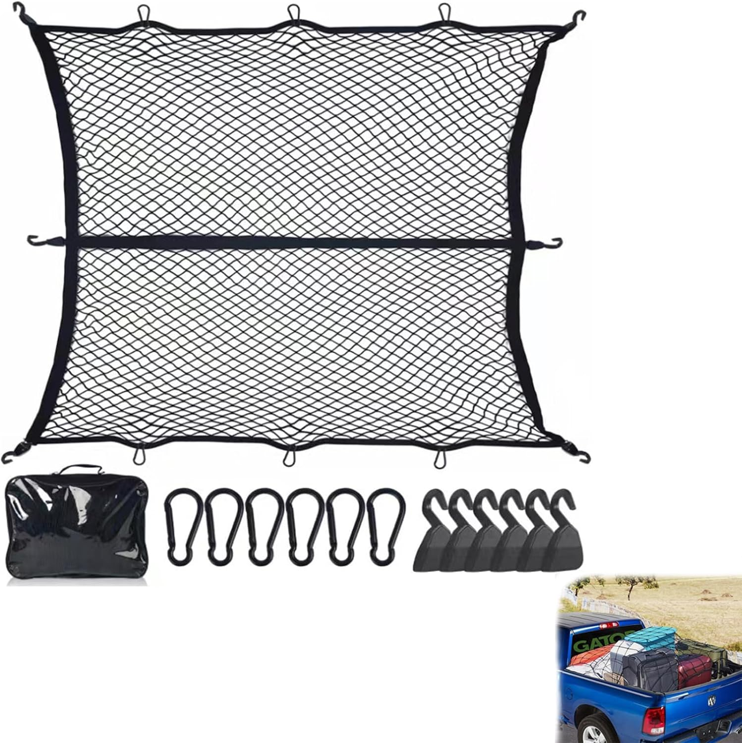 Cargo Net for Car Trunk, Elastic Car Net with 6 Hooks Elastic Single Layer Car Boot Net Storage Net for Pickup Universal Vehicle Van RV SUV 120&times;120Cm Extends to 214 X 214 Cm image number 6