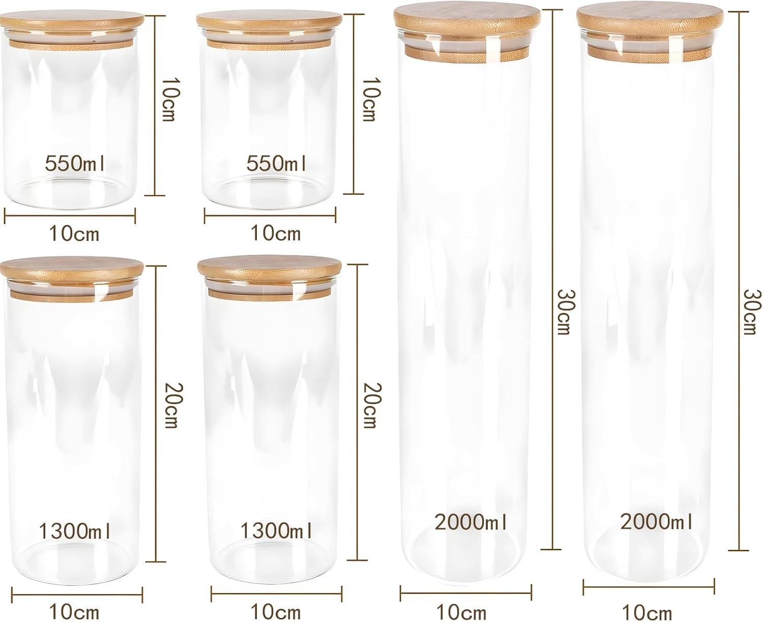 6 Pack Airtight Glass Storage Canister with Bamboo Lid (18.6Oz/43.9Oz/67.6Oz), Glass Food Storage Containers for Pasta, Oats, Coffee, Flour, Sugar, Rice, Spice, Best for Kitchen & Pantry image number 1