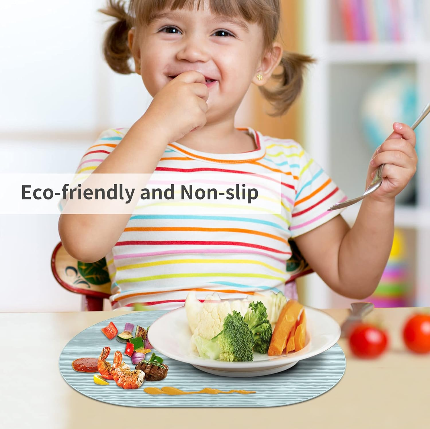 IYYI Silicone Placemats, Oval Placemats for Dining Table, Dishwasher Safe Table Mats Waterproof Non-Slip Kids Placemats Set of 4 （Light Gray-Line） - Light Gray-Line image number 4