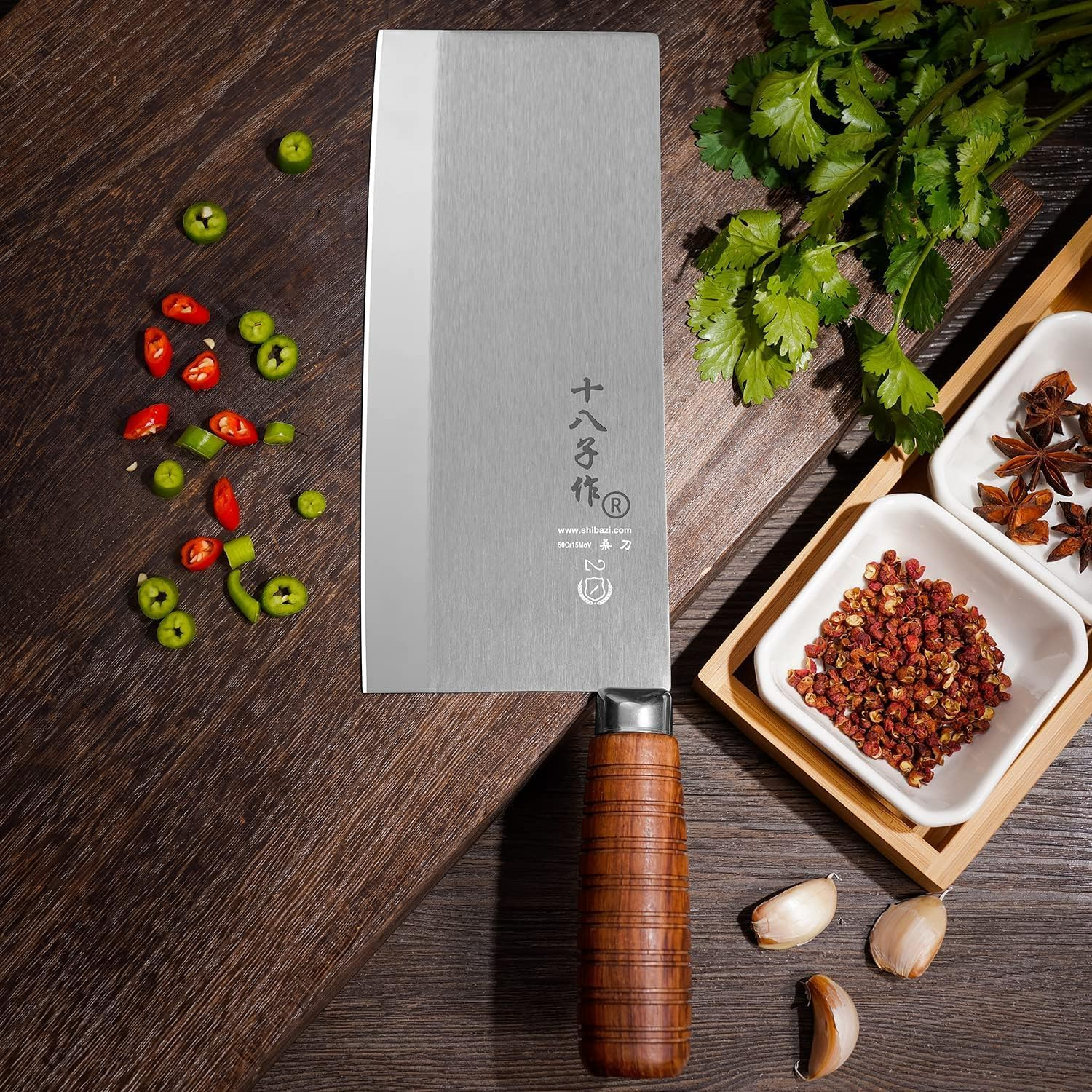 SHI BA ZI ZUO Cleaver Knife,Professional Chef Knife for Vegetable Slicing and Meat Cutting,Stainless Steel Kitchen Knife with Anti-Slip Wooden Handle image number 6