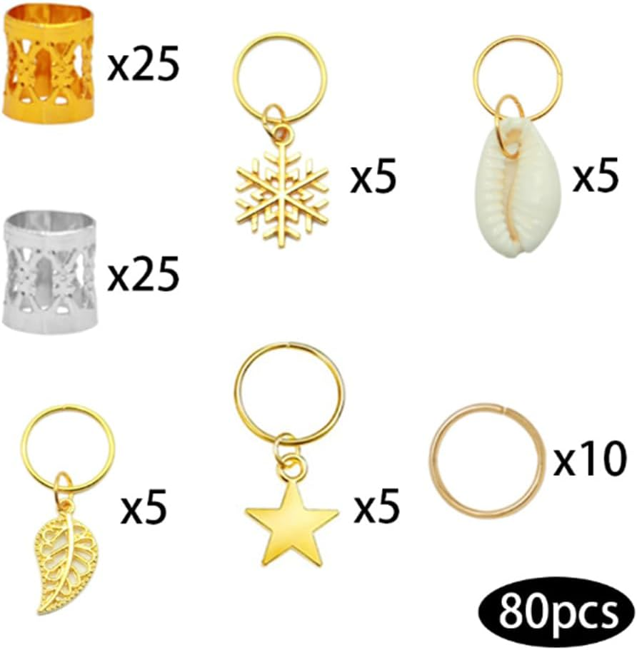 7 Styles Hair Jewelry Beads,80Pcs Dreadlocks Beads Metal Cuffs Hair Braid Rings Pendants Braiding Clips Hair Decorations Braids Accessories image number 4