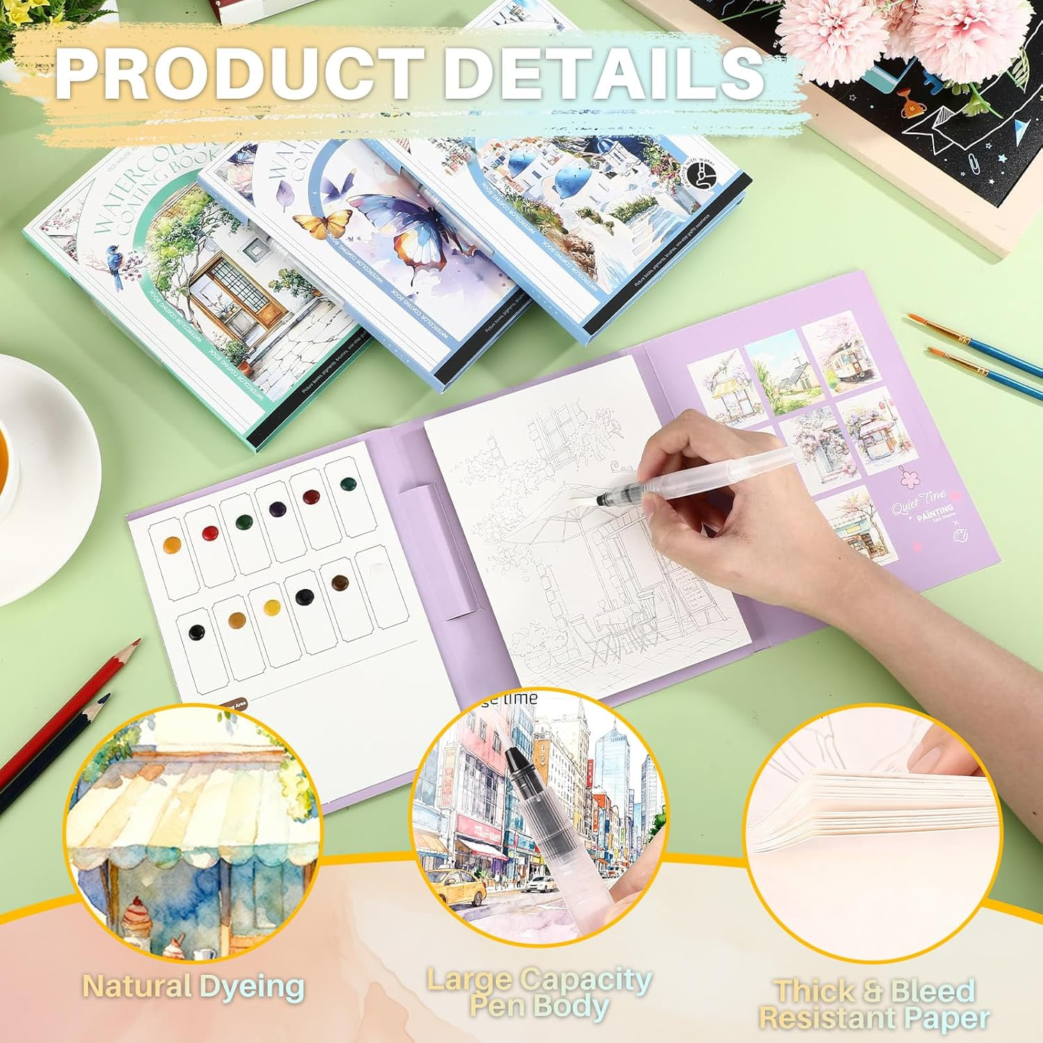 Watercolour Colouring Book with 12 Watercolours, NANASUGUR Watercolour Painting Set for Crafts & Learning, Watercolour Painting Paper for Drawing, Workbook, Colouring Pad Set with Watercolour Paper image number 5