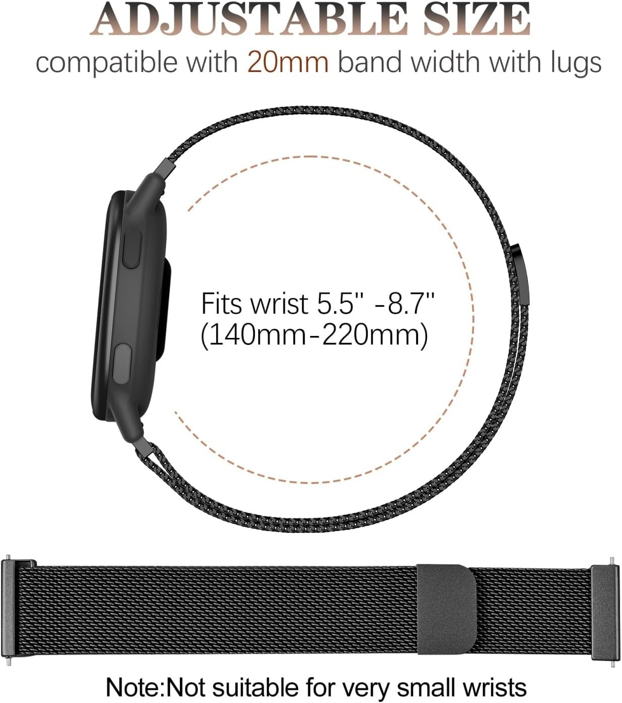 Everact 20Mm Metal Magnetic Compatible with Garmin Vivoactive 5 Watch Band/Vivoactive 6/3/3 Music, Quick Release Stainless Steel Mesh Strap for Venu Sq 2 & Forerunner 55/165/245/645/570-42Mm - Black image number 2
