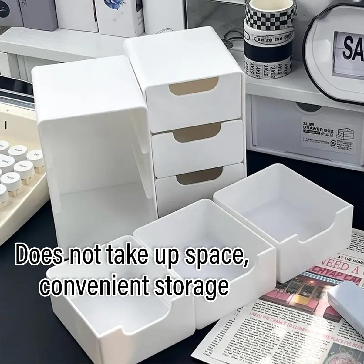 AIMALL Mini Desktop Storage Box 3-Layer Compact Plastic Organiser for Cosmetics, Accessories, and Office Supplies with Slide-Out Drawers, 3.14X3.54X5.11 Inch image number 6