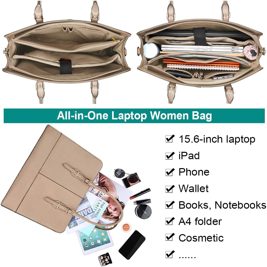 Laptop Bag for Women Leather Work Tote 15.6 Inch Laptop for Computer Bag Waterproof Business Office Professional Large Capacity Handbag Shoulder Bag - Dark Brown image number 5