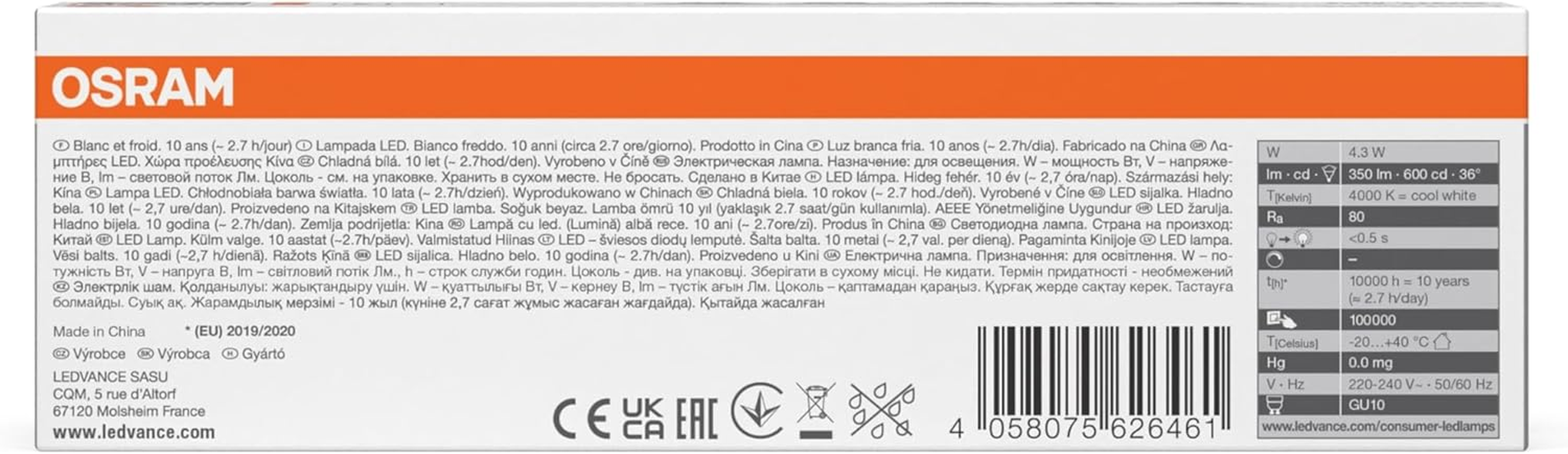 OSRAM LED Base LED Lamp with GU10 Base, 4.3 W, 350 Lumens, Cool White Light at 4000 K, 50 Mm Diameter, EEK F, Clear Lead-Free Glass, Shock and Vibration Resistant, Ideal for Spot Lighting image number 1
