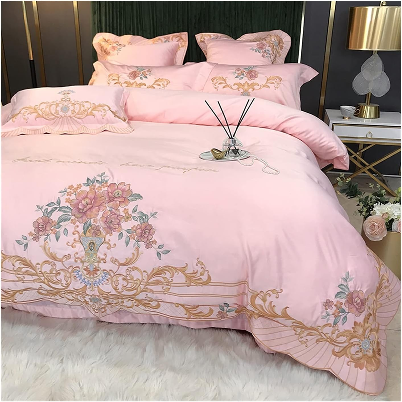 4 Pieces Duvet Cover Set European Style Light Luxury 60S Cotton Embroidery Bedding Sets 1 Duvet Cover 2 Pillow Shams 1 Fitted Sheet Twin Double Queen King (Color : Pink B, Size : 200X230Cm-150X200Cm image number 4