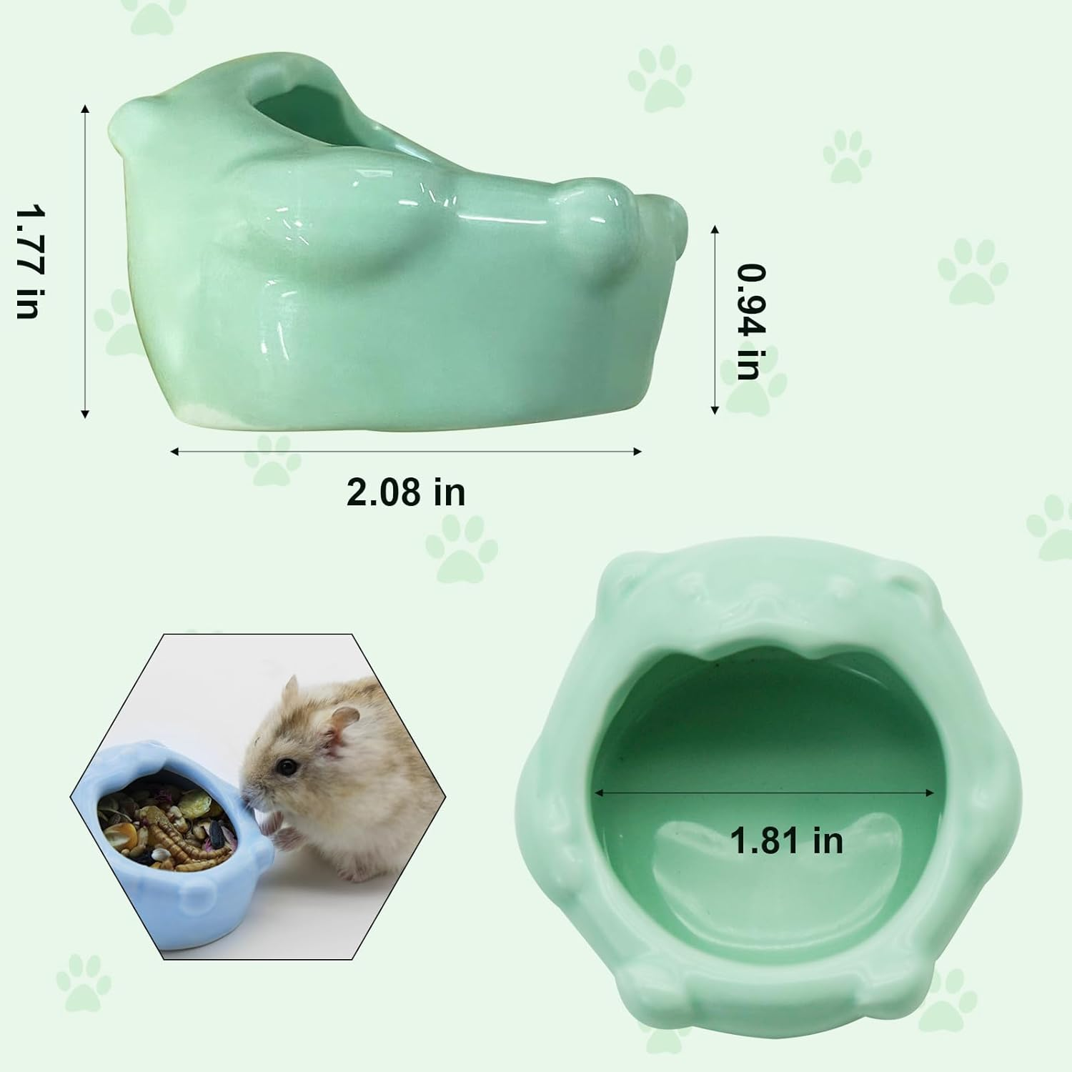 Luckyopt Small Ceramic Pet Hamster Bowl, Easy to Clean anti Flipping Small Animal Bowls, Hamster Food and Water Bowl for Golden Bears, Rabbits, Hedgehogs, Dutch Pigs, Parrots (Green) image number 6