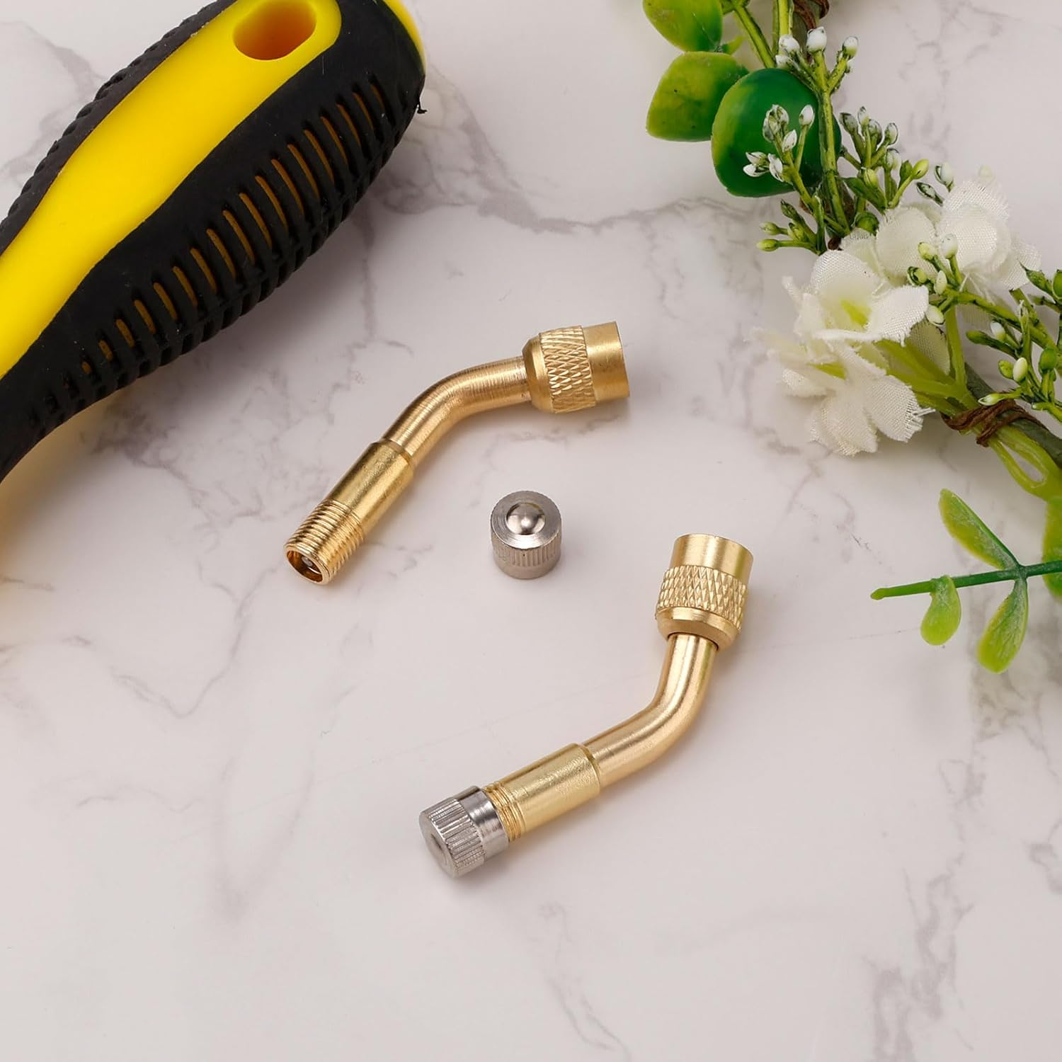 Gosknor 2Pcs Tire Valve Extension, 135 Degree Tyre Valve Extension Adaptor Brass Tire Valve Stem Extenders Valve Stem Adapter for Cars Motorcycles Stroller Bicycles RV image number 1