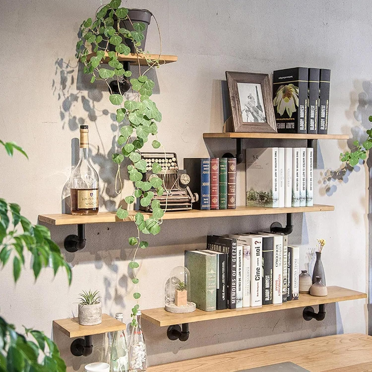 GBACHOOSE 6Pcs Industrial Pipe Shelf Brackets, Black Pipe Brackets Floating Shelf for Book Shelf Floating Shelves, Custom Wood Shelves Wall Mounted, Metal Rustic Pipe Decor with Hardware Included image number 1