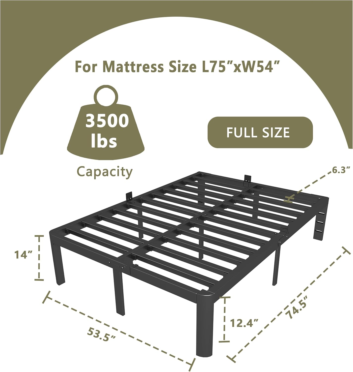 ITIMIDI 14 Inch Bed Frame Full Size with Metal Gaskets, Heavy Duty Steel Support 3500 LBS, No Box Spring Needed, DIY Headboard, Anti-Slip Mattress Stopper, round Corner Leg, Easy Assembly, Black