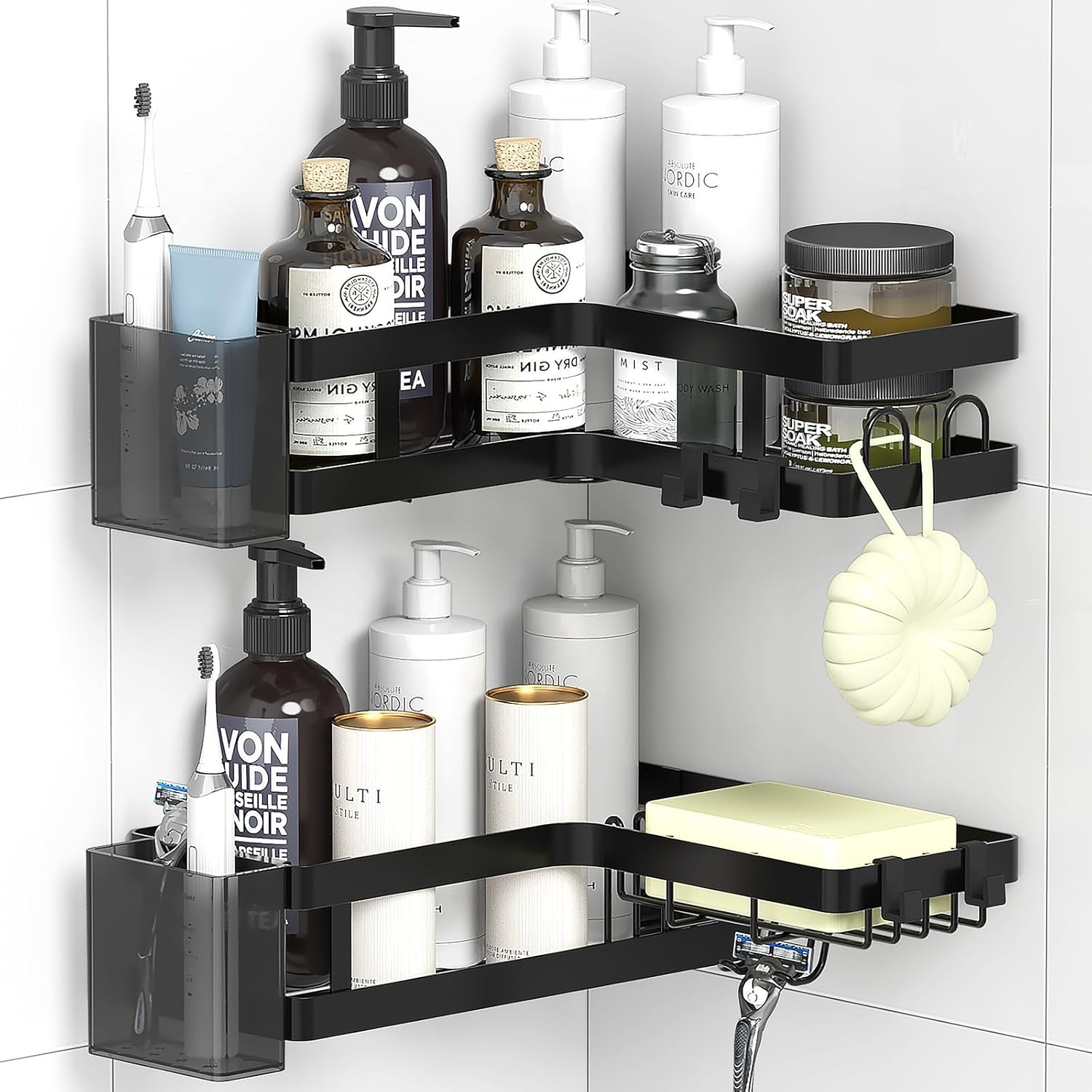 Gabeeriso Soap Holder Bathroom Shelf 2-In-1,Corner Shower Caddy,2 Pack Bathroom Shelves with 12 Hooks,Black Rust-Resistant Adhesive Shower Shelf No Drilling. (L-Shaped Black 2-Pack) image number 1