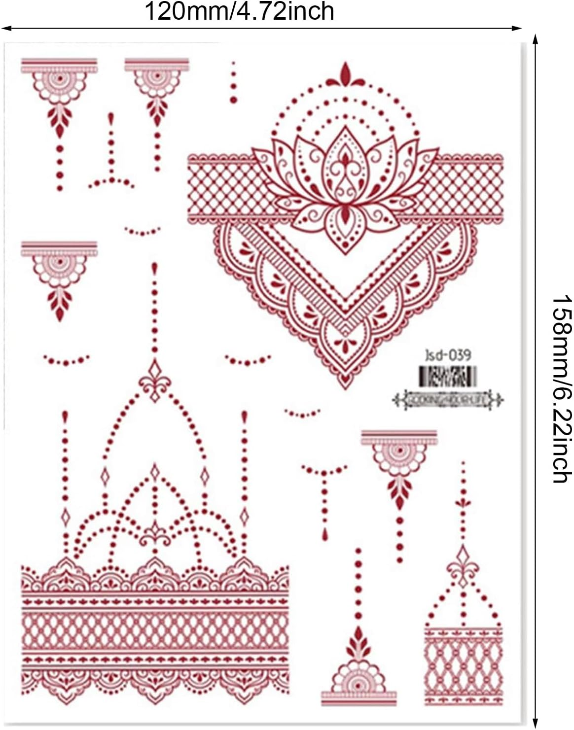 12PCS Brown Red Lace Temporary Tattoos Waterproof Fake Tattoos Temporary Tattoo Kits Mandala Flower Tattoo Stickers Women Girls Arm Body Art Indian Red Tattoo Stickers Suitable for Women Girls image number 5