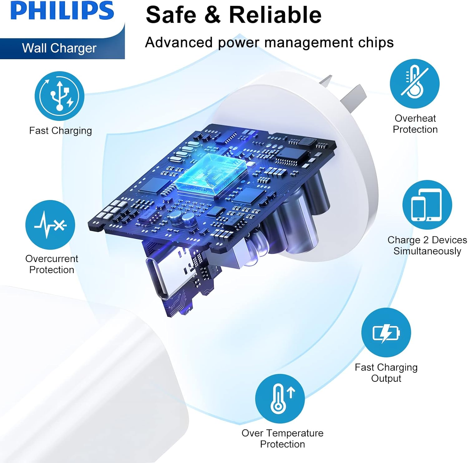 Philips USB a + USB C Wall Charger Adapter Plug 20W Dual Port Fast Charging |Safety | SAA Approved| Australia Standard| Compatible with Iphone 16/15/14/13/Pro/Pro Max| Ipad (White, 20W with C Cable) image number 4