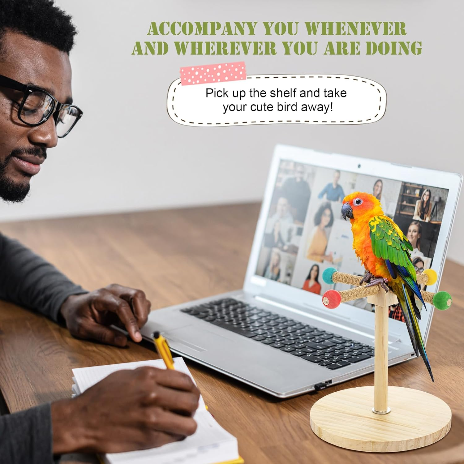 Cunno 3 Pcs Bird Training Stand Kit, Parrot Training Clicker Portable Tabletop Bird Perch and Target Stick, Wooden Spin Perch Clickers with Wrist Strap for Parakeet Conure Lovebird Cockatiel (Spin) image number 3